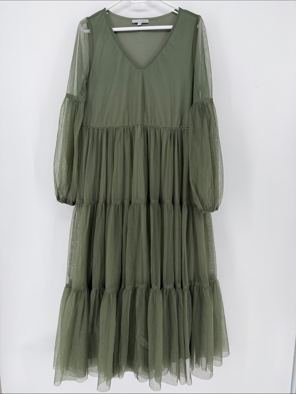 Baltic Born Olive Tulle Tiered Midi Dress Balloon Sleeve Size L Boho Whimsical - Picture 2 of 5